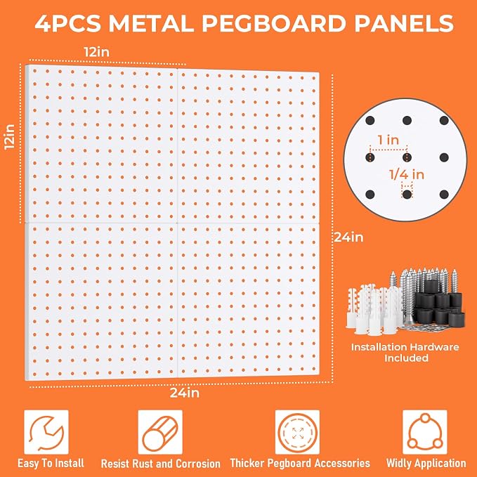 INCLY 70PCS Metal Peg Board Kit with 1/4" Pegboard Accessories | 4 Pack Panels, Bins, Cups and Peg Board Hooks, Paper Towel Holder, Pegboard Wall Organizer, For Craft Room, Office, Sewing