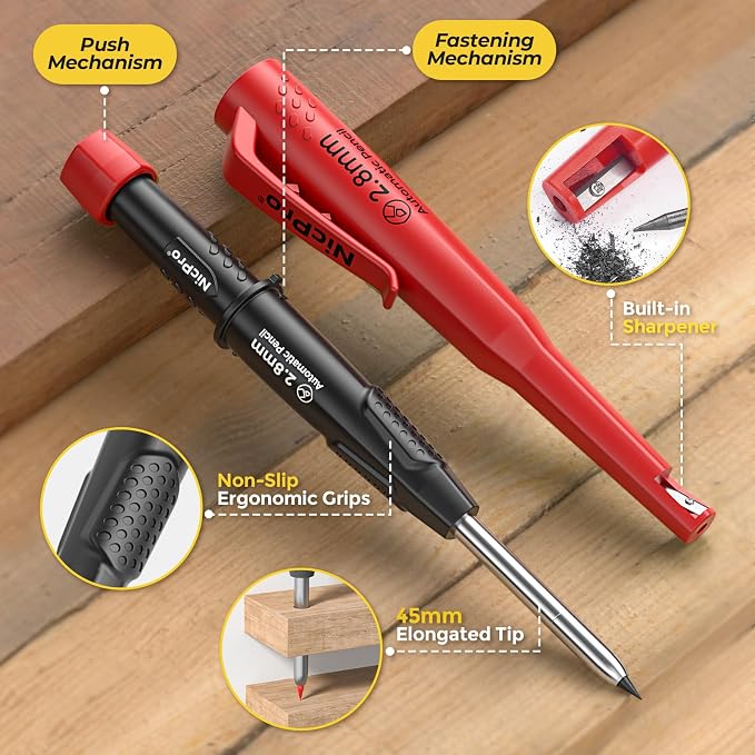 Nicpro Carpenter Pencil with Sharpener & Holster, Construction Pencil -Red | CP3000 Carpenter Mechanical Pencils+19 Refill, Deep Hole Marker for Construction, Heavy Duty Woodworking Tool for Marking