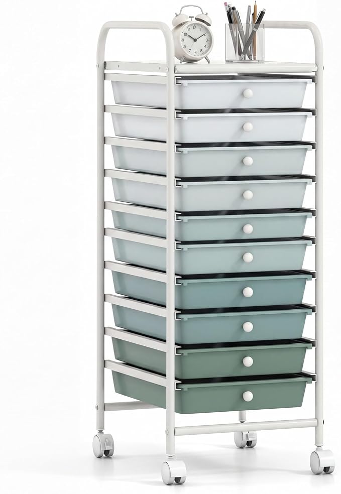 COSTWAY 10-Drawer Rolling Storage Cart, Utility Mobile Trolley | Removable Drawers & Universal Casters & 2 Brakes, Versatile Flexible Drawer Organizer Cart for Home, Office (Green Gradient)