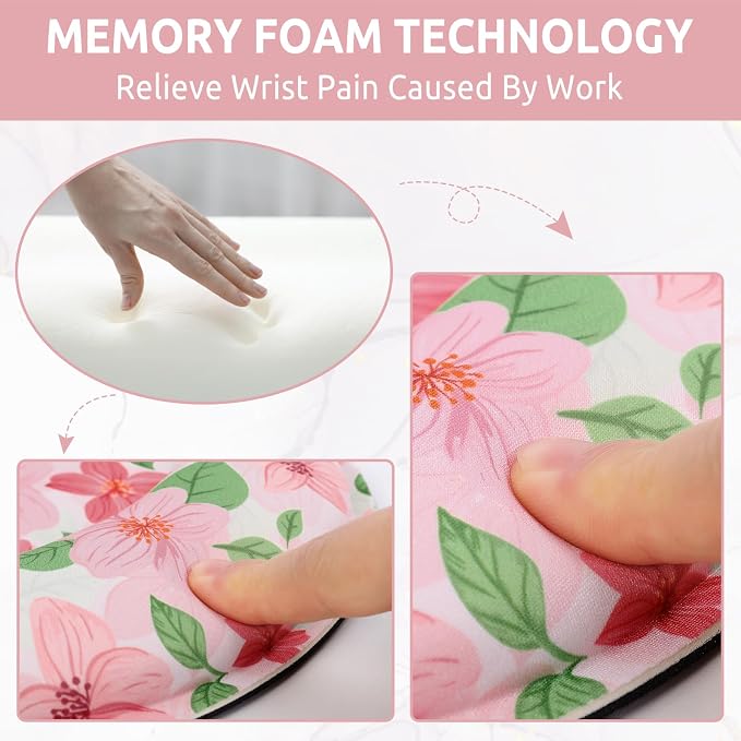 KONVINIT Ergonomic Mouse Pad with Wrist Rest, Small Mousepad with Non-Slip Rubber Base and Smooth Surface, Pink Floral Mouse Pads for Desk, Office Desk Accessories