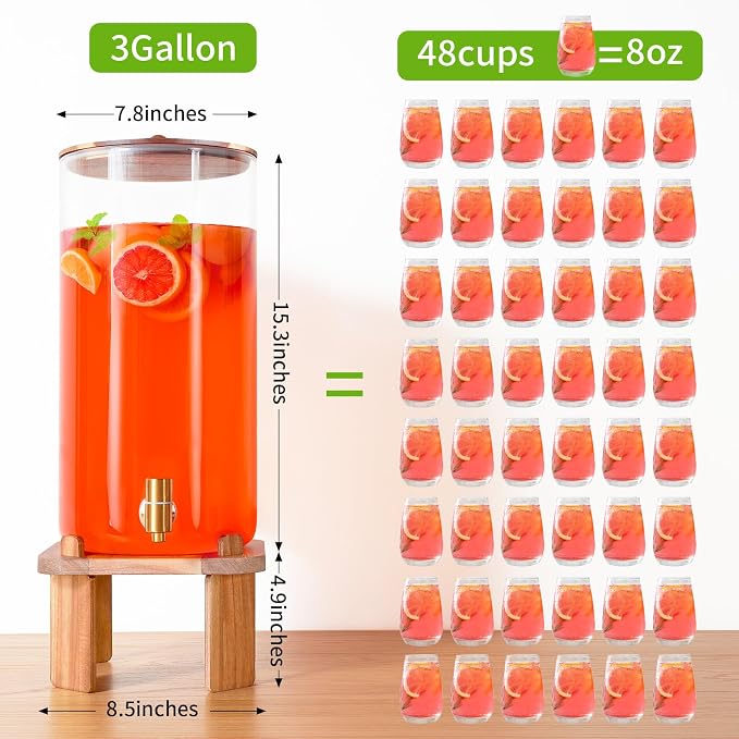 3 Gallon Extra Large Drink Dispenser for Parties,Glass Beverage Dispenser with Stand,Water Drink Dispenser with Airtight Valve,Lemonade Dispenser for Fridge,Water, Juice,Cocktails,Ice Tea & Sun Tea