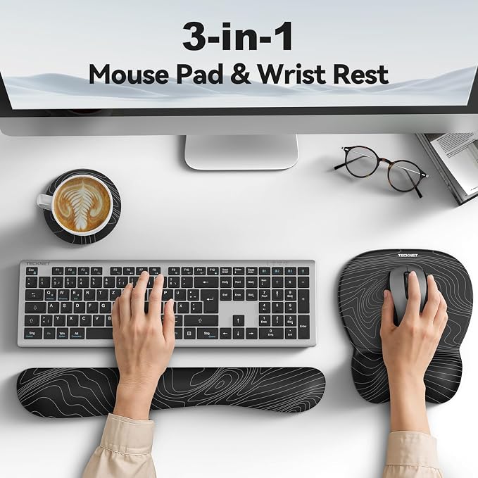 TECKNET Gel Ergonomic Mouse Pad & Keyboard Wrist Rest & Coaster | 3 in 1 Set, Pain Relief, Milk Silk Cloth, Non-Slip PU Base, Easy Typing, Memory Foam Wrist Support for Office & Home