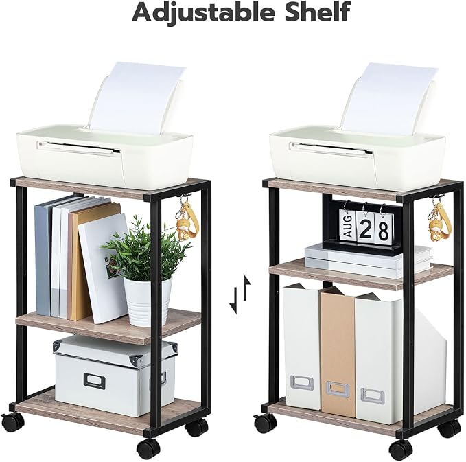 HOOBRO Mobile Printer Stand, 3-Tier Printer Cart Under Desk with Storage, Industrial Adjustable Rolling Cart, Sturdy Little Table on Wheels for Home Office BG28PS01N1