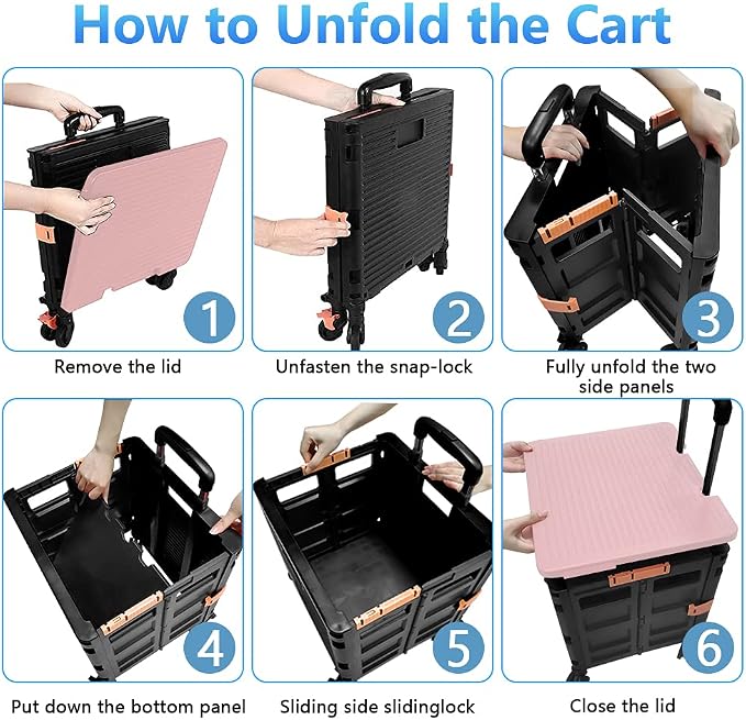 FELICON SELORSS Foldable Utility Cart Folding Portable Rolling Crate-Pink | Heavy Duty,Telescoping Handle,4 Rotate Wheels,Collapsible Handcart for Travel Shop Move Luggage Laundry Teacher Office Use