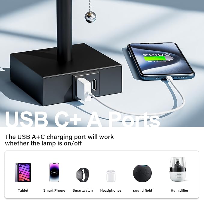 Bedside Lamps for Bedroom Set of 2 - Small Rectangular Nightstand Lamp with USB A C Charging Port, 3 Color Temperatures Desk Light with Bulb, Tabletop Reading Lamp for Living Room/Dorm/Office | USB A+C Ports, 3 Color Temperatures, LED Bulb Included, Pu...