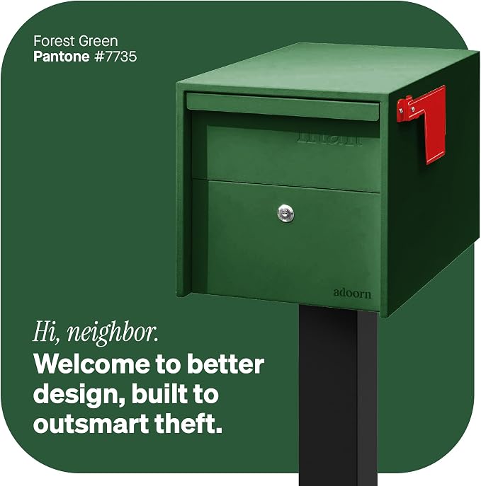 Adoorn Lockable Post Mount Mailboxes for Outside - Small Anti-Theft Locking Mailbox for Packages and Letters - Weatherproof Construction - Durable Steel - 12" H x 12" W x 18.5" D - Forest Green