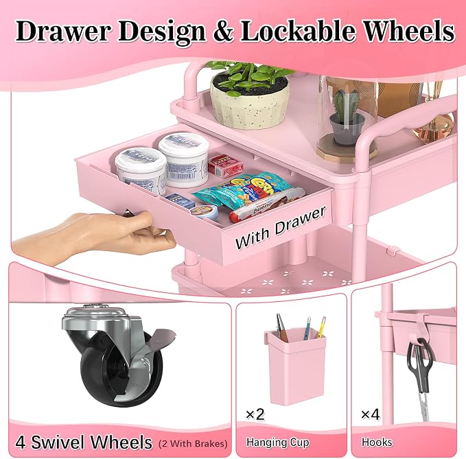 SUNALLY 4 Tier Rolling Cart with Drawer, Craft Storage Cart Organizer, Pink | Bathroom Storage Organizer with 2 Lockable Wheels, Rolling Utility Cart for Kitchen, Office, Baby, Makeup, Nail,Snack,Laundry
