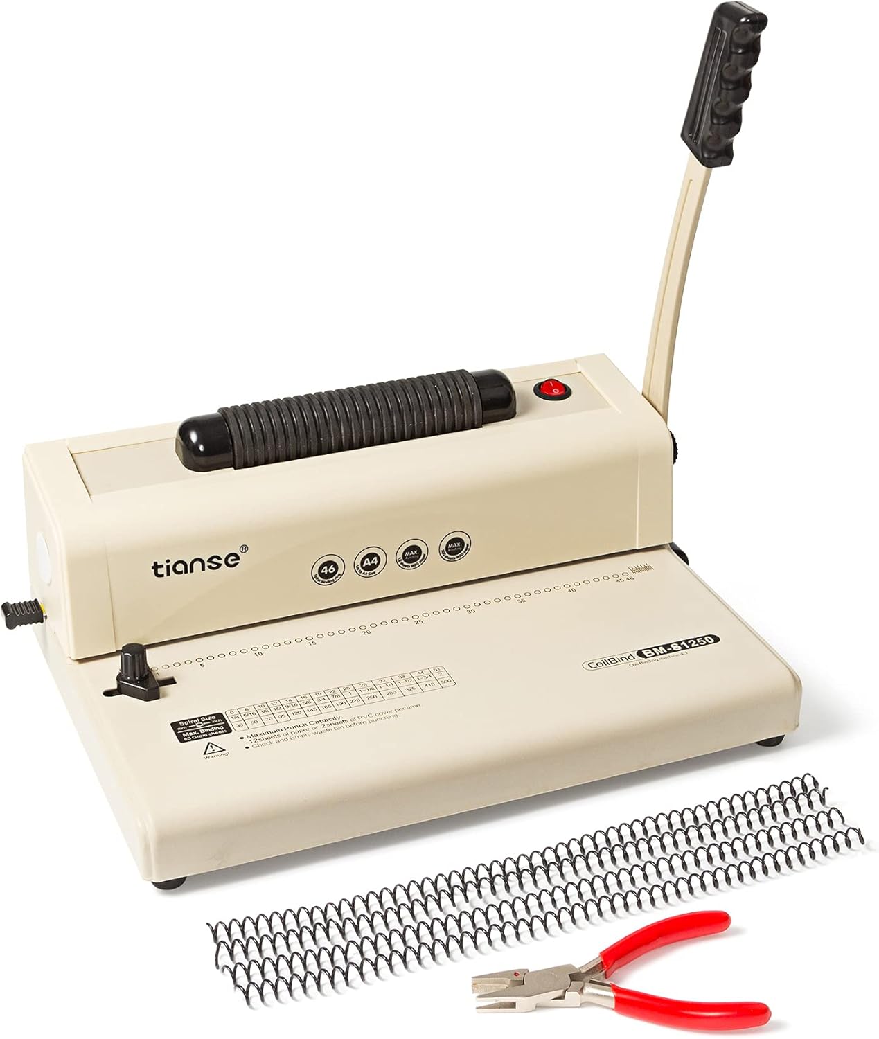TIANSE Binding Machine, Spiral Coil Binder Machine, Electric Coil Inserter, 15 Sheets Punch Capacity, Suit for Letter Size / A4 / A5 Book Maker, with 100pcs 5/16'' Plastic Coil Binding Spines & Plier