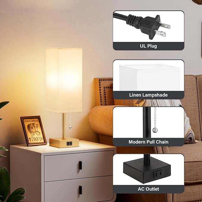 Bedside Lamp for Bedroom Set of 2 - Gold Table Lamp for Nightstand | AC Outlet, 3 Color Temperatures, LED Bulb Included, Pull Chain Design, 14" Rectangular Desk Lamp for Dorm/Office, 2-Pack