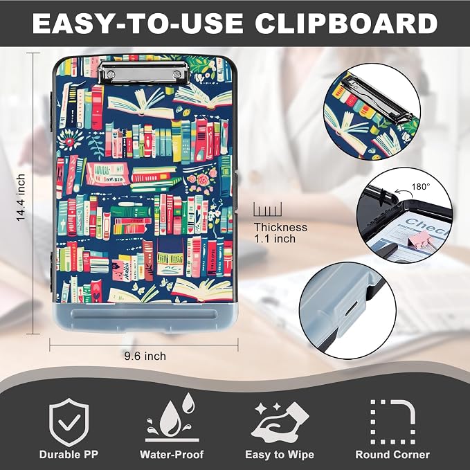 Clipboard with Storage,Storage Clipboard with Pen Holder,Heavy Duty Plastic Storage Clipboard with Low Profile Clip,Teacher Must Haves,Clipboard Folder,Office Supplies,Books -1353