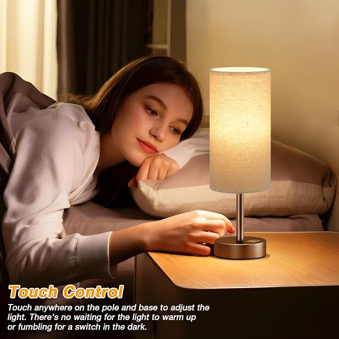 Dicoool Bedside Table Lamp for Bedroom - 3-Way Dimmable Touch Lamp, USB A+C | LED Bulb Included, 14" Small Nightstand Lamp for Desk, Living Room, Guest Room, Beige Fabric Lampshade, Brown Metal Base