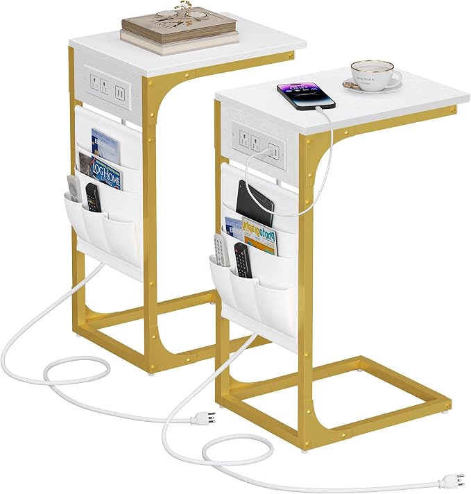 TUTOTAK C Shaped End Table with Charging Station, Side Table for Sofa | Couch Table with Storage Bag, TV Tray with 2 USB Ports and Outlets, Set of 2, Living Room and Bedroom, TB01BWG0242