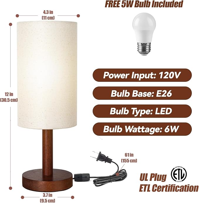 LALISU Small Table Lamp Nightstand Lamp Linen Lampshade Bedroom Wood Base Small Bedside Lamp for Night Stands, Desk Lamps for Reading Living Room, Office (LED Bulb Included) (Black-Walnut Wood（2）)