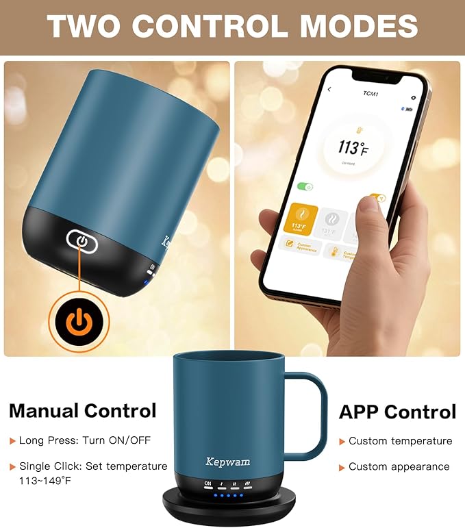 Kepwam Heated Coffee Mug T1-14oz Fast Heating & Longer Battery Life Self Heating Coffee Mug Hot to 149℉ - Touch & App Controlled Mug Coffee and Hot Beverage Warmer, Gifts for Women and Men