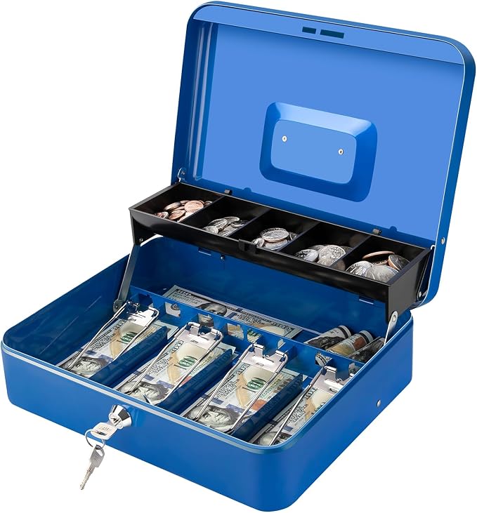 Jssmst Locking Large Metal Cash Box with Money Tray, Lock Money Box with Key, Blue, CB00513XL