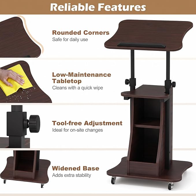 Tangkula Mobile Lectern Podium, Height Adjustable Podium Stand, Sit-to-Stand Desk with Tilting Tabletop & Storage Shelves, Rolling Laptop Cart Desk with Lockable Casters for Home Office School (Brown)