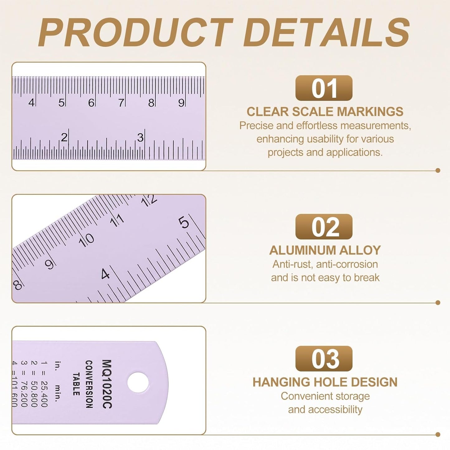 HARFINGTON 4pcs Metal Straight Ruler 15cm Metric SAE Aluminum Alloy Measuring Rulers Scale Tool with Hole for Measure Study Reading Classroom Office, Purple