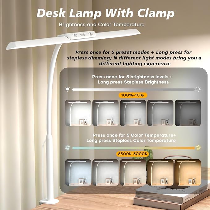LED Desk Lamp for Office Home, Stepless Dimming Architect Desk Light with DC Adapter, Eye-Caring Desk Lamp with Clamp, 25 Lighting Modes Adjustable 12.8in Flexible Gooseneck for Workbench(White)