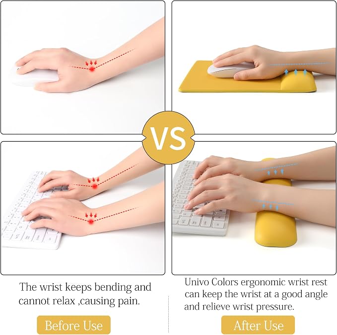 UnivoColors Design-Wave Set of Keyboad Wrist Rest & Mouce Pad,Artificial Sheepskin+Memory Foam+Ergonomic+Anti-Slip Gel, Resilience Support During Work and Gaming,Keyboard Accessory,Yellow