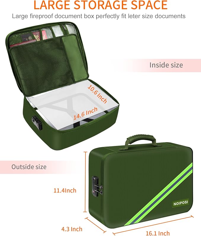 5200℉ Fireproof Document Box with Lock 16.1"x11.4"x4.3" | Portable ,Home ,Travel Water Resistant Document Storage Organizer with for Important Documents and File ,Green
