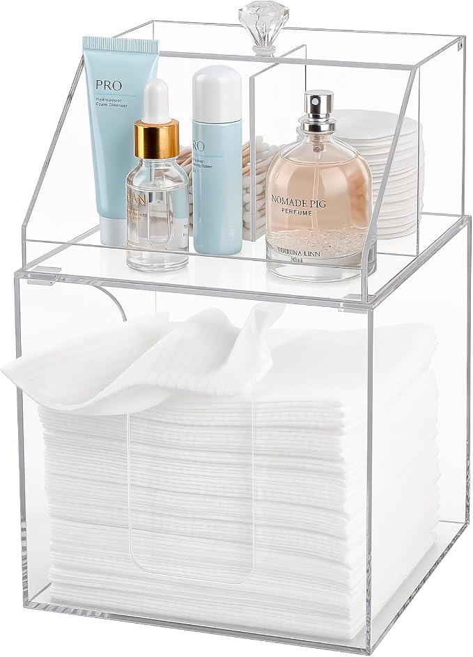 Anyoifax Disposable Facial Towels Storage Double Layer Acrylic Box, Clear | Face Towelettes Holder with Clean Skin Club Clean Towel XL Cotton Pads Container Qtip Bin for Bathroom Counter