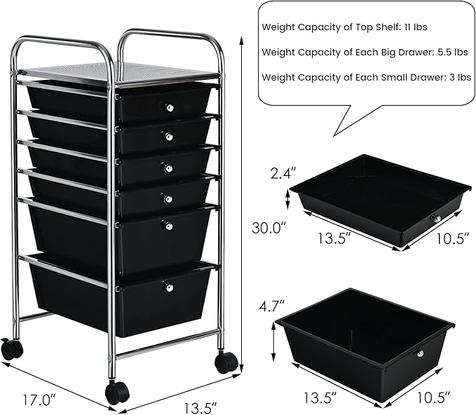 COSTWAY 6-Drawer Rolling Storage Cart, Art Craft Tools Organizer on Wheels | Multifunctional Heavy Duty Utility Mobile Storage Trolley w/ 2 Lockable Wheels for Home Office School (Black)