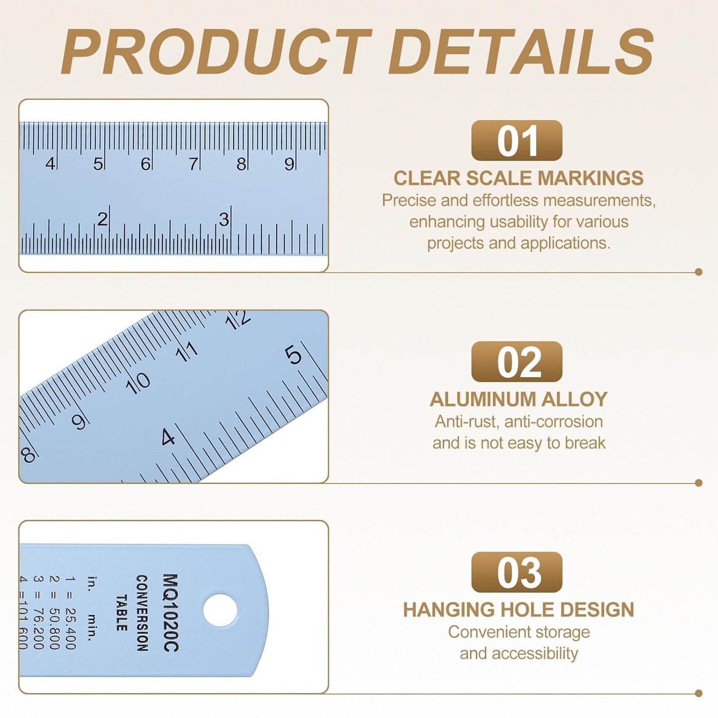 HARFINGTON 6pcs Metal Straight Ruler 20cm Metric SAE Aluminum Alloy Measuring Rulers Scale Tool with Hole for Measure Study Reading Classroom Office, Light Blue