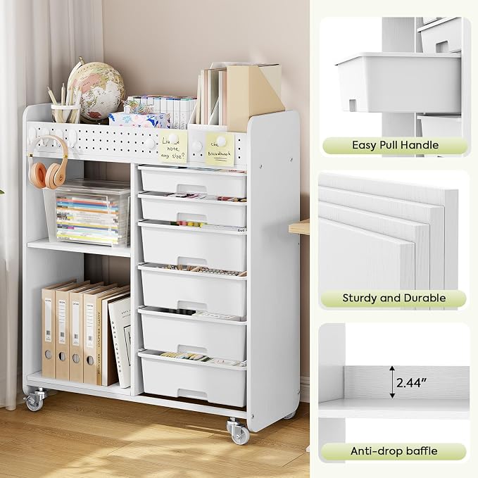Rolling Craft Cart with 6 Drawers, Pegboard and Locking Wheels White | Ample multi-zone storage, 2 open shelves, art cart for classrooms, homeschool and offices, sturdy wood-metal frame