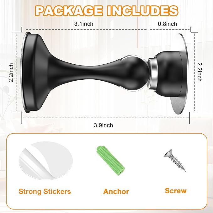 Crosize Magnetic Door Stoppers 2 Pack, Stainless Steel Door Stops, Wall-Mounted and Floor Mounting Metal Doorstops, Door Holder Keep Door Open, No Drilling Door Stop with Adhesive Tapes, Black