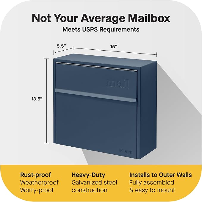 Adoorn Lockable Wall Mount Mailboxes for Outside - Small Anti-Theft Locking Mailbox for Letters - Weatherproof Construction - Durable Steel - 13.5" H x 15" L x 5.5" D - Navy