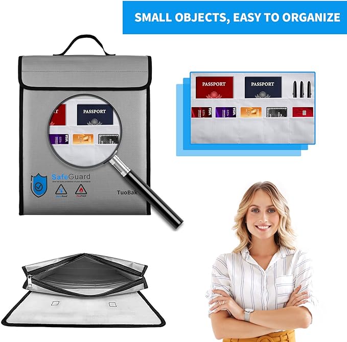 TuoBak's Fireproof Waterproof Document Bag with Zipper,Heat Insulated Upgraded Fireproof Document Bag 15.8”x 12.6”×2.5” for Important Document Storage Organizer for Valuables, Legal Documents Safe