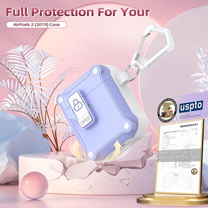 R-FUN for AirPods 2 Case Cover with Lock Magnetic Lid, White/Lavender | Compatible with Apple AirPods 2 and AirPods(2016), Case with Cleaner Kit & Keychain, Powerful Drop Protection