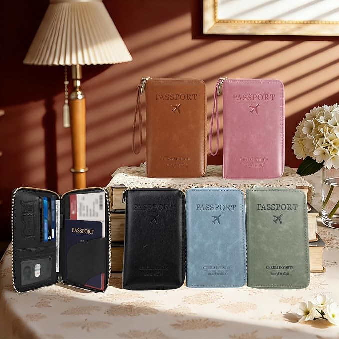 RFID Blocking Passport Wallet, PU Passport Holder for Travel, Pink | Anti Theft Wallet with Tracker Case, Concealed Travel Document Organizer, Wristlet Strap Zipper Pouch, Gifts for Women Men