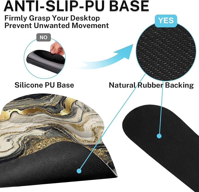 Ergonomic Mouse Pad Set with Wrist Rest, Black Gold Marble | Abstract Non-Slip Rubber Base Wrist Cushion Support and Coasters Mousepad with Wrist Support for Computer Keyboard