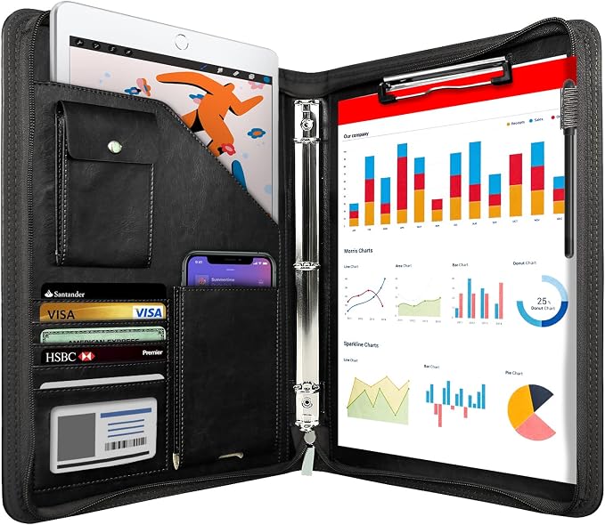WRIYES Zippered Portfolio Organizer with 3 Ring Binder, Black | Leather Padfolio, Professional Business Binder, Organizer for iPad/Document, Phone & Business Cards