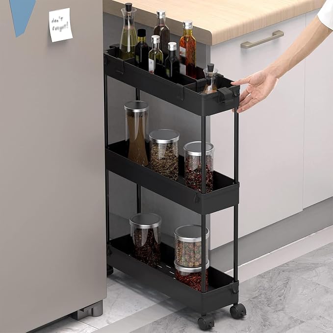 2-piece Set Slim Storage Cart 3 Tier,Bathroom Organizer Rolling Utility,Mobile Shelving Unit Slide Out for Office, Kitchen, Laundry Room & Narrow Places