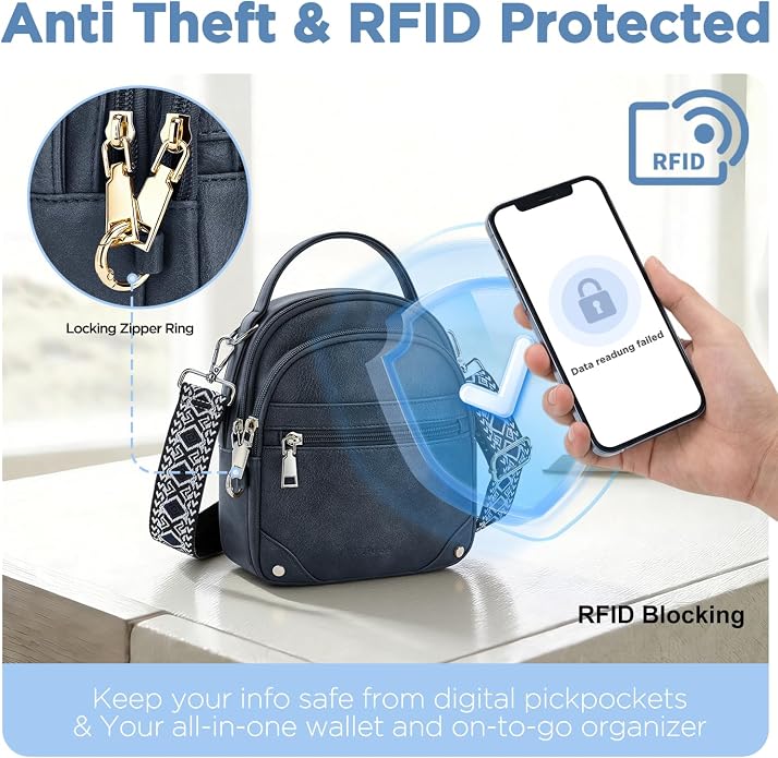 Anti Theft Crossbody Bag for Women RFID Small Purse Travel | Secure Crossbody Phone Purse with Handle, 5 RFID Slots, 7-Pocket Fits 7.9" Tablet, Adjustable Strap, Hands-Free Everyday