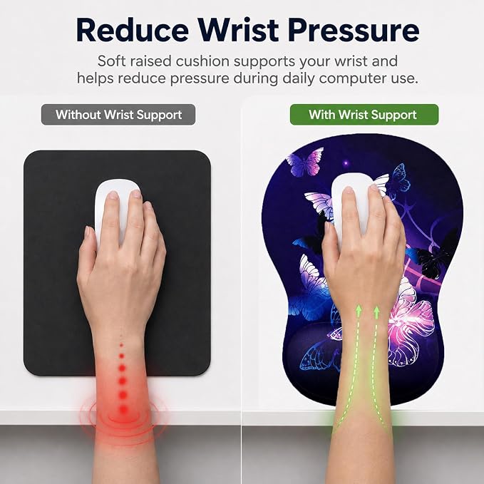 Mouse Pad with Wrist Rest Ergonomic Memory Foam Support, Non-Slip Rubber Base, Comfortable Typing Cushion for Home Office Computer Laptop, Butterfly