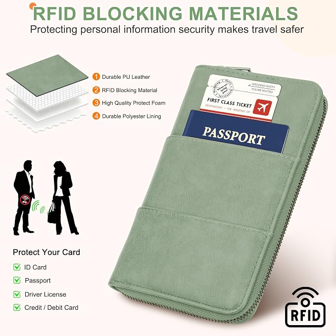 RFID Family Passport Holder Wallet - Travel Document Organizer | PU Leather, with Wristlet, Zipper, Cards, Boarding Pass, ID, Cash, Ticket Pockets,Travel Essentials Gifts for Women Men