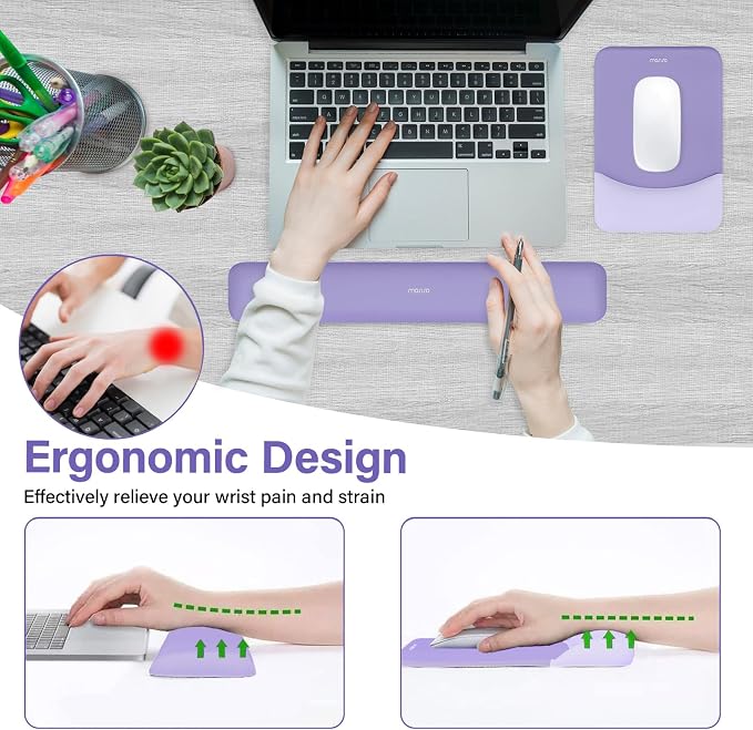 MOSISO Wrist Rest Support Mouse Pad & Keyboard Set, Purple | Rectangular Ergonomic Mousepad, Non-Slip Base, Home/Office Pain Relief & Easy Typing, Neoprene Cloth & Raised Silicone Lining