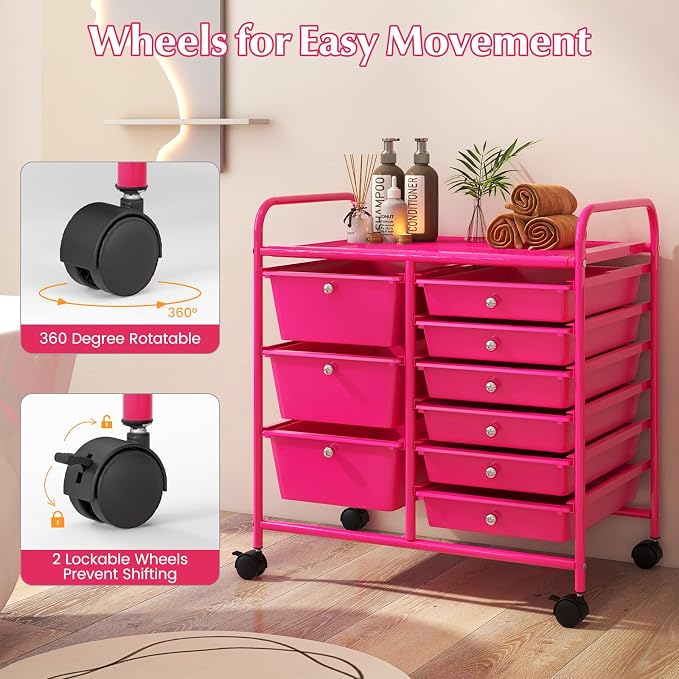 RELAX4LIFE 9 Drawer Rolling Storage Cart - Mobile Drawer Carts for Craft Art Supply Paper Salon, Utility Cart on Wheels for Classroom Teacher School Office, Rolling Cart with Drawers (Hot Pink)