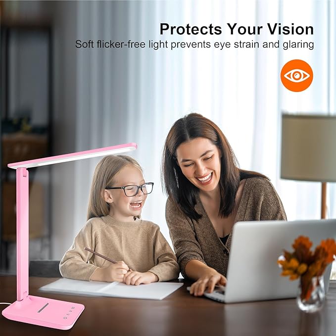 White crown LED Desk Lamp Dimmable Table Lamp Reading Lamp with USB Charging Port, 5 Lighting Modes, Sensitive Control, 30/60 Minutes Timer Pink (Pink, First-Generation)