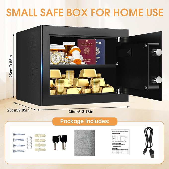 1.2 Cub Small Fireproof Safes for Home, Digital Home Safe Fireproof Waterproof with Programmable Keypad, Spare Keys and Removable Shelf, Fire Safe Box for Document Money Valuables
