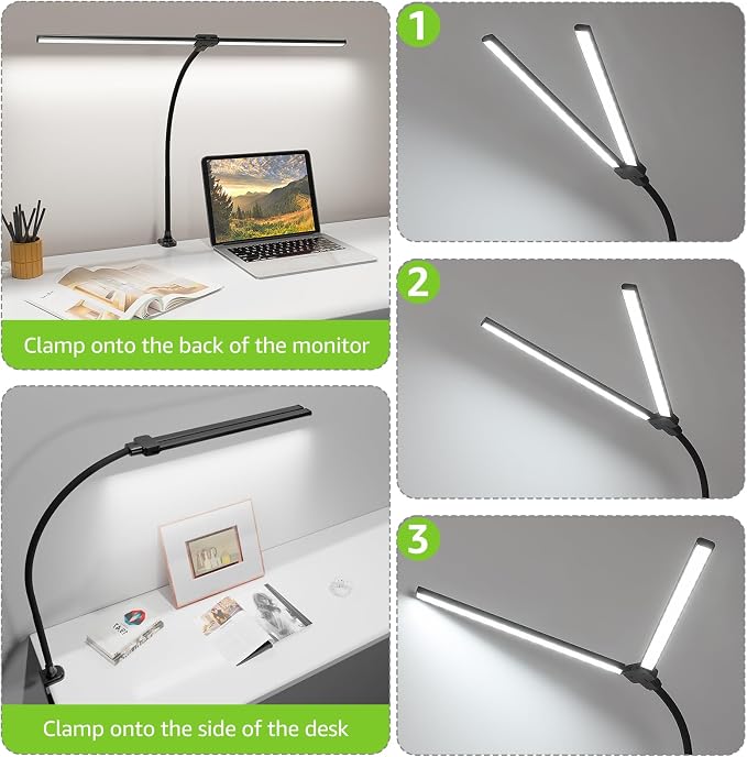 ShineTech LED Desk Lamp for Home Office, 3000K Warm White Double Head Architect Task Lamps with Clamp, Dimmable Adjustable Flexible, Black