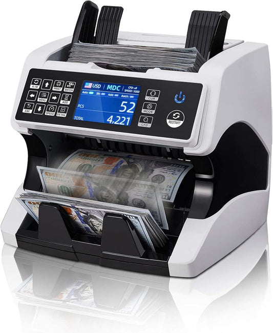 MUNBYN IMC01 Bank Grade Money Counter Machine Mixed Denomination, 2CIS/UV/IR/MG/MT Counterfeit Detection, Serial Number, MUL Currency Cash Counter, Printer Compatible Bill Value Counter (White)