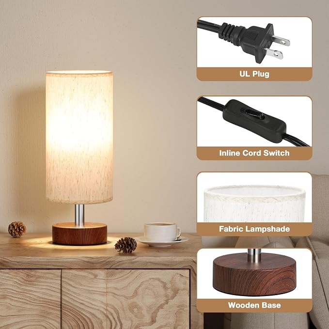Table Lamps Set of 2 （Cream Shade - Walnut Base, 11.6" Inline Control） | Bulb not Included | Small Lamps for Bedroom | Desk Lamp for Reading | for Living Room | for Dorm | Linen Shade