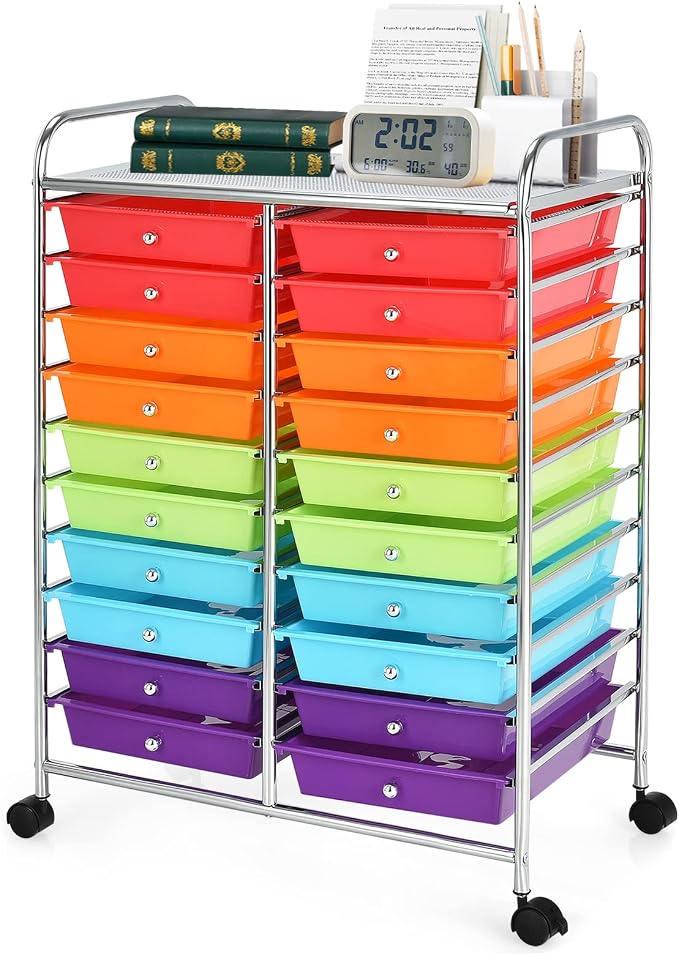 COSTWAY 20-Drawer Rolling Storage Cart, Utility Storage Organizer Cart | For Tools, Scrapbook, Paper, Craft, Multipurpose Storage Trolley on Wheels for Home Office School (Multicolor)