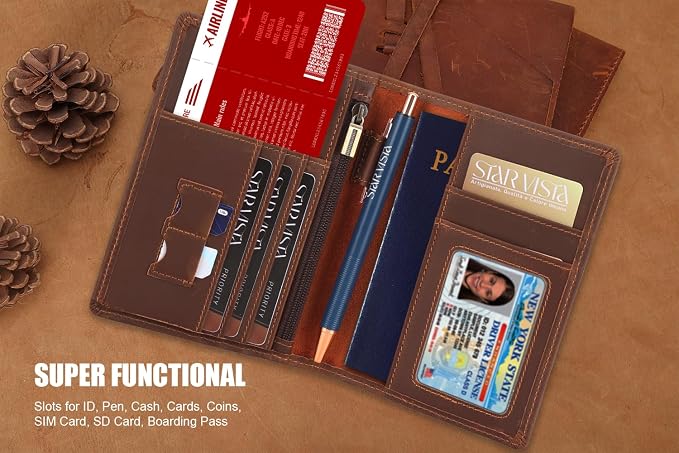 STAR VISTA Phoenix Leather Passport Holder, Full Grain Leather Travel Wallet- Slim, Bifold, RFID Blocking, ID Window, Coin Pocket, Card Slots, SIM Slots
