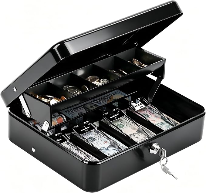 KYODOLED Cash Box with Key Lock–0.7mm Thick Metal Money Box for Flea Market Vendors, Craft Fairs & Small Business–Portable Cash Drawer with Auto-Pop Coin Tray & Windproof Bill Clips (11.8", Black)