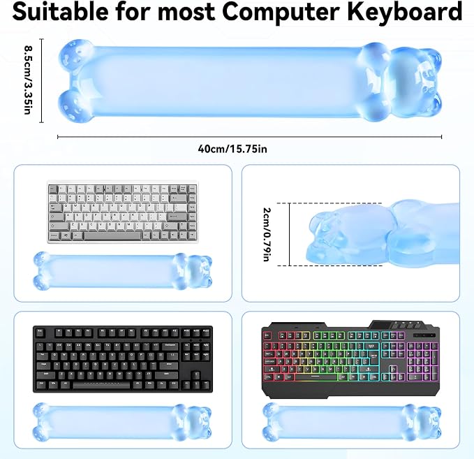 Clear Gel Keyboard Wrist Rest, Bear-Shape Wrist Rest, Ergonomic Wrist Rest for Computer Keyboard 60%/75% (Blue)